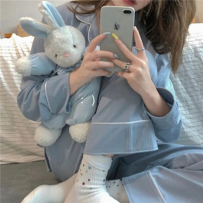 Women's Piped Button Front Long Sleeve Pajama Set with Top and Pants