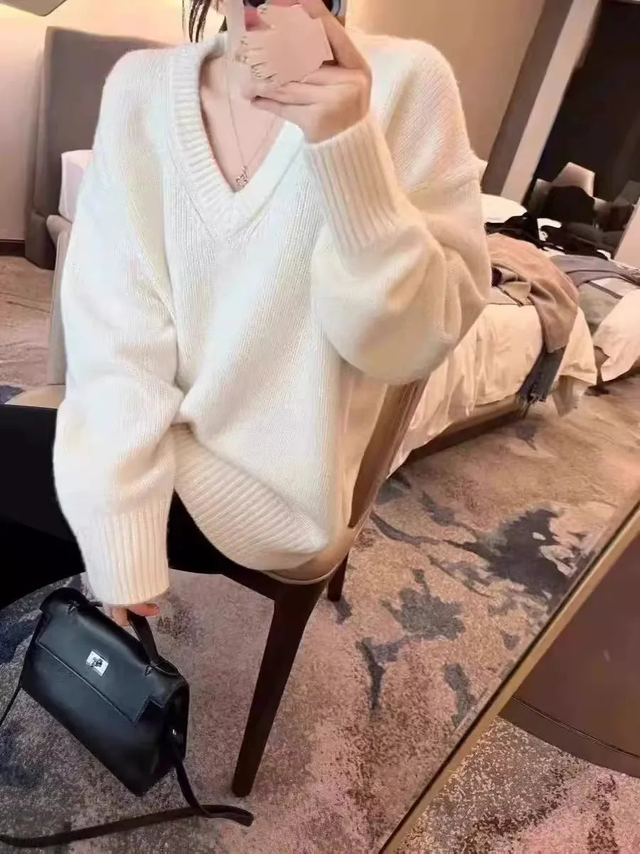 V-neck 100 pure wool sweater for women in autumn and winter, loose and thick sweater, long-sleeved knitted top