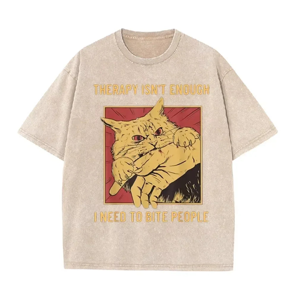 Funny Cat Bite Hand herapy Isn't Enough Print Vintage Washed Black T Shirt