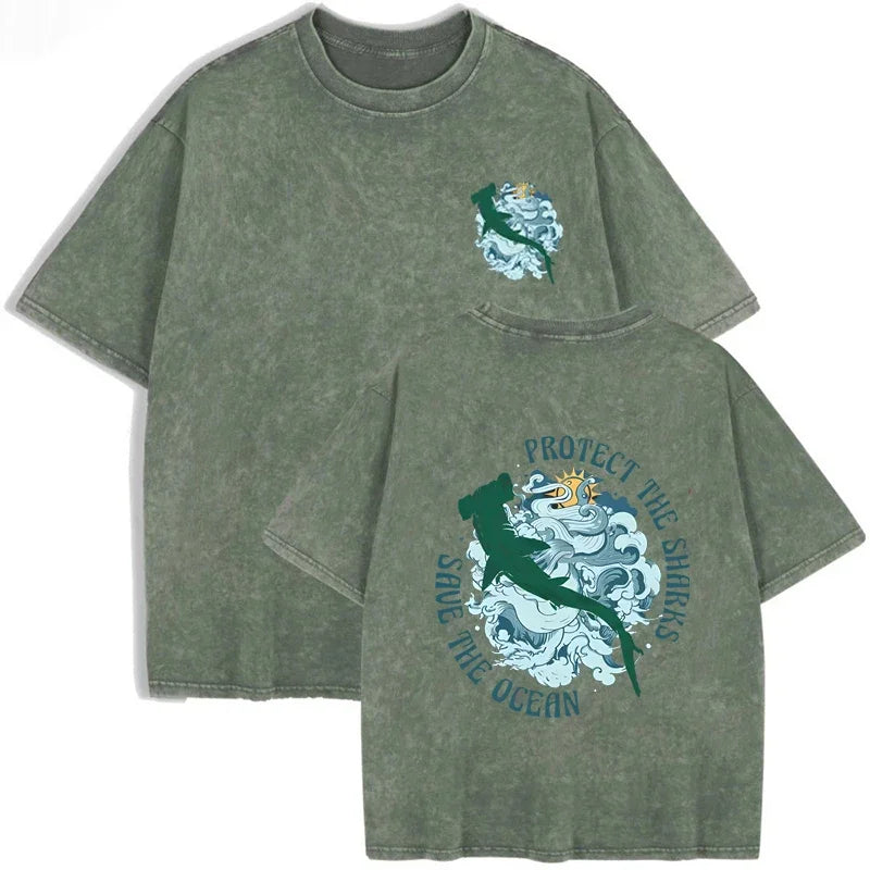 Distressed Vintage Washed Tee Double Print Shark Wave Protect Ocean Letter Loose Fit Short Sleeve T Shirts