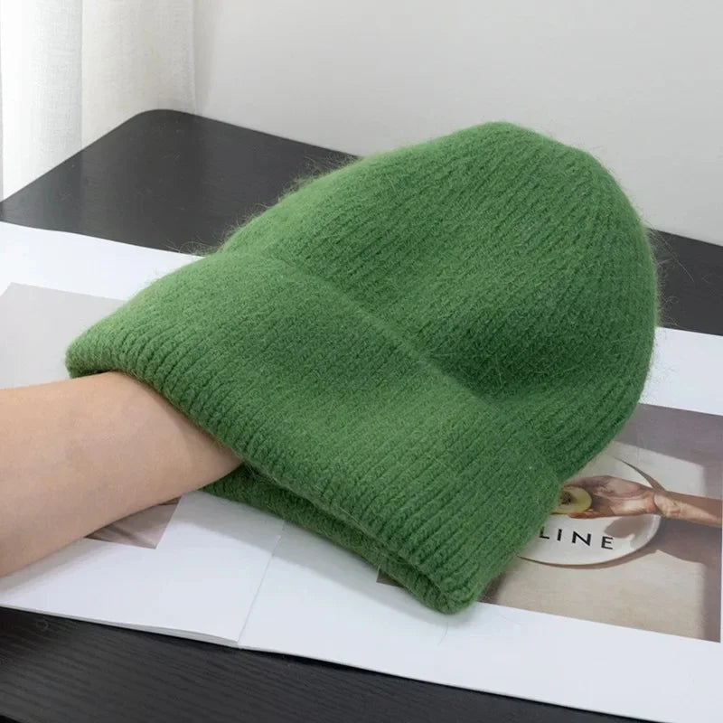 Solid Ribbed Knit Beanie with Folded Cuff Styling