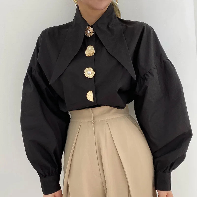 Women's Cropped Puff Sleeve Statement Button Blouse