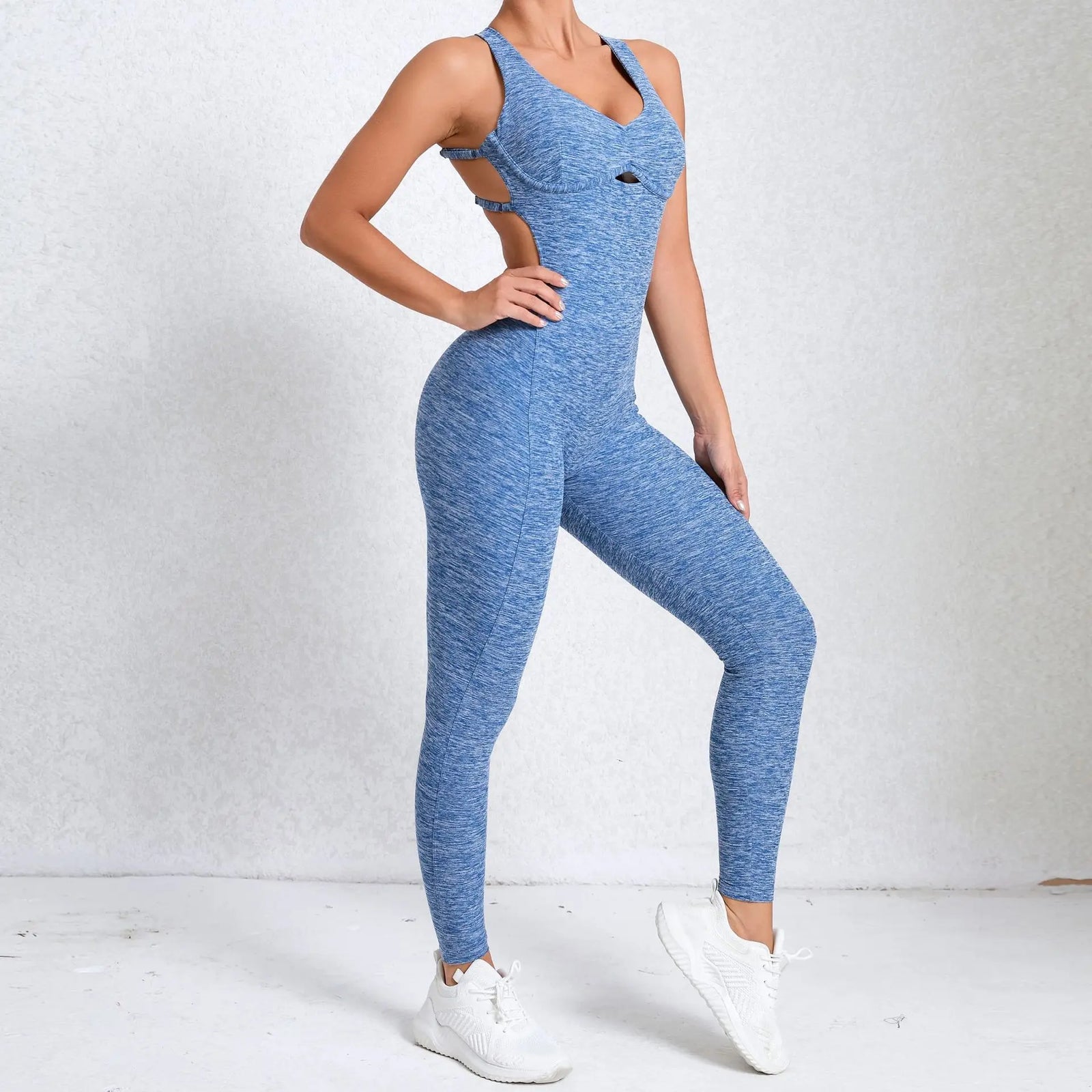 Women's Cross Back Nylon Blend Workout Jumpsuit with Front Keyhole