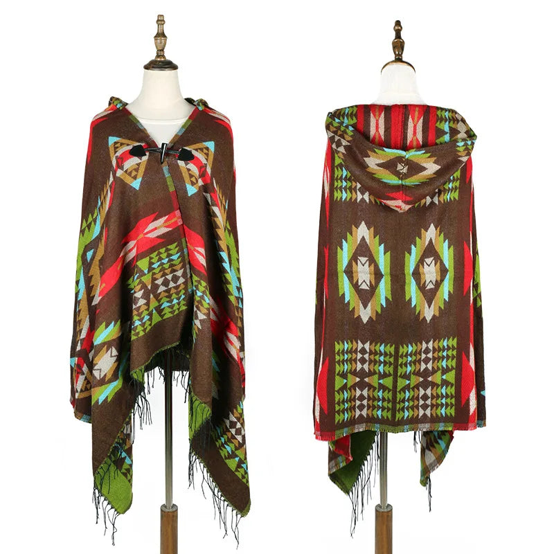 Hooded Geometric Fringe Poncho for Layering over Outfits