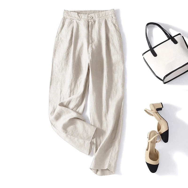Women's Linen-Rayon High-Waist Loose Ankle-Length Pants with Side Pockets and Zipper Fly