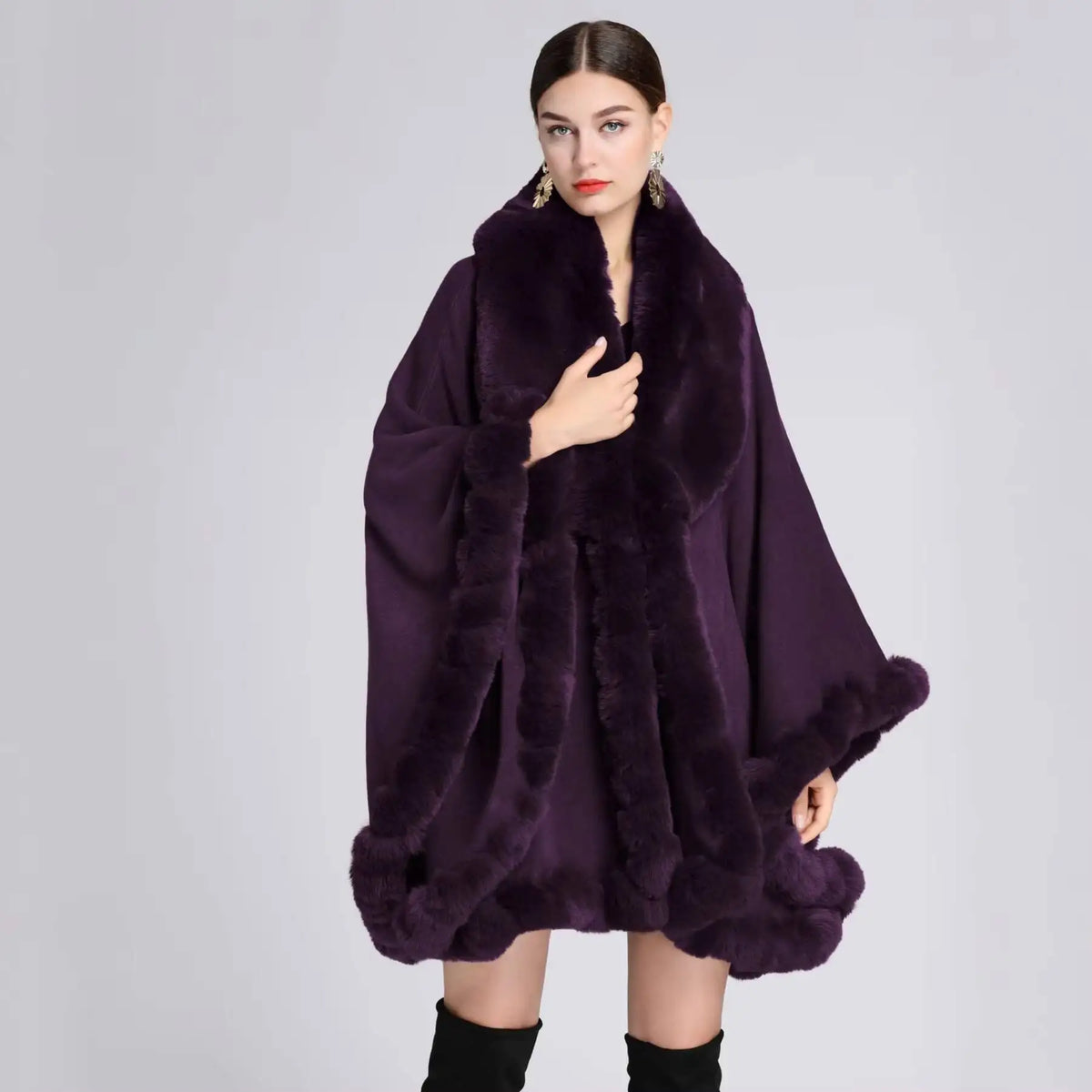 Plush Trim Open Front Cape for Layering over Outfits
