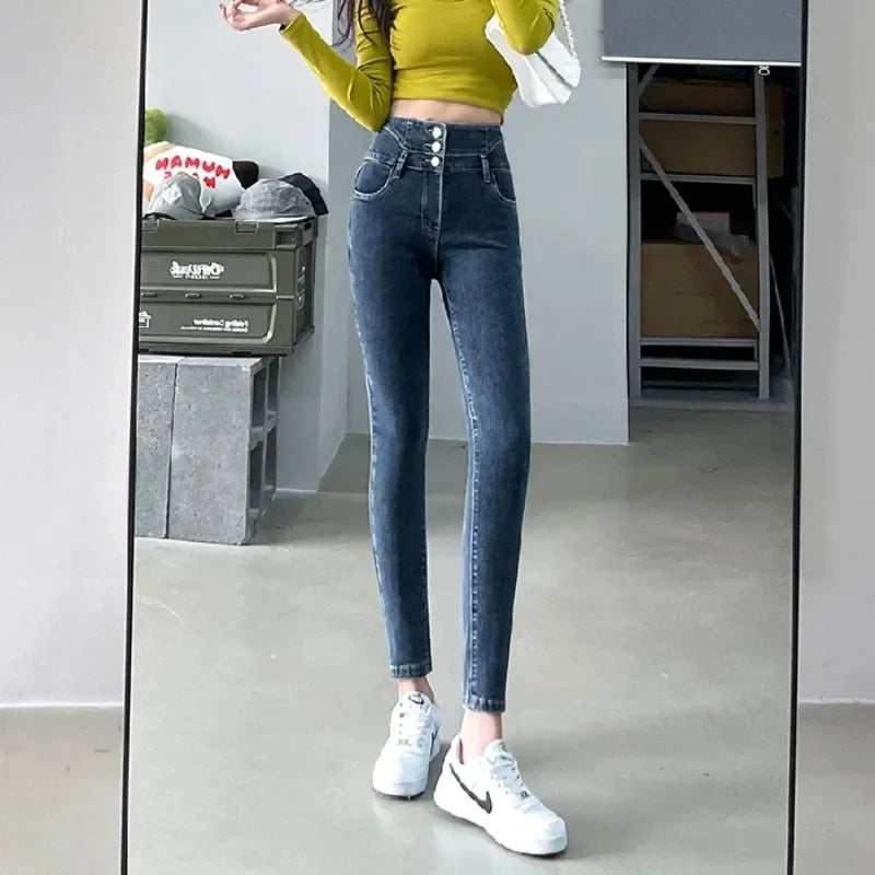 Women's Multiple Button Blue Flared Leg Denim Jeans