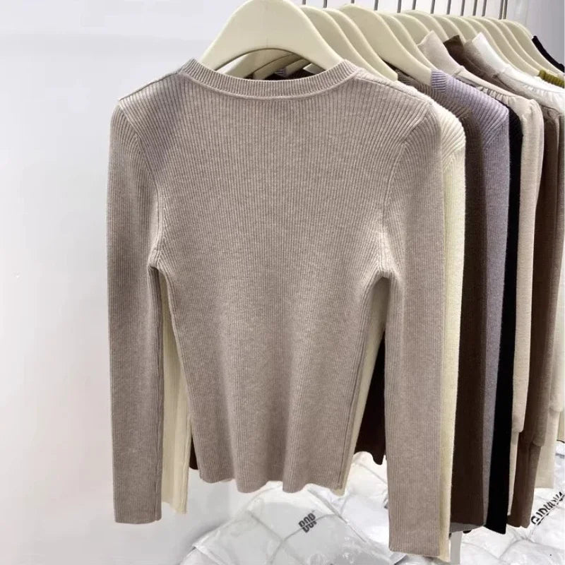 Women's Scoop Neck Ribbed Long Sleeve Sweater Casual Knit Layer