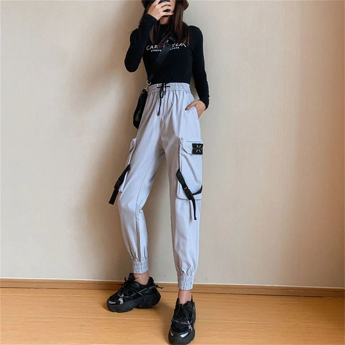 Women's Black Cargo Joggers with Pocket Tabs and Gathered Lower Legs