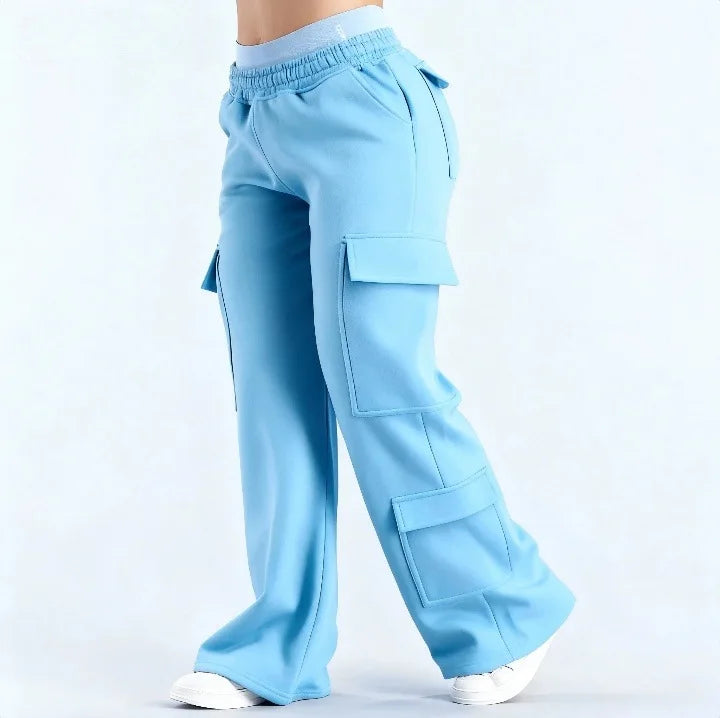 Women's Wide Leg Cargo Pants with Elastic Waist and Flap Pockets