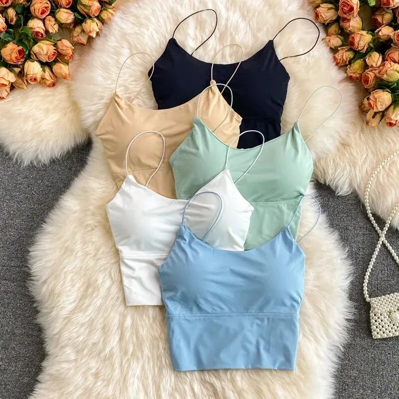 Women's Scoop Neck Crop Top with Thin Shoulder Straps and Built-In Padding