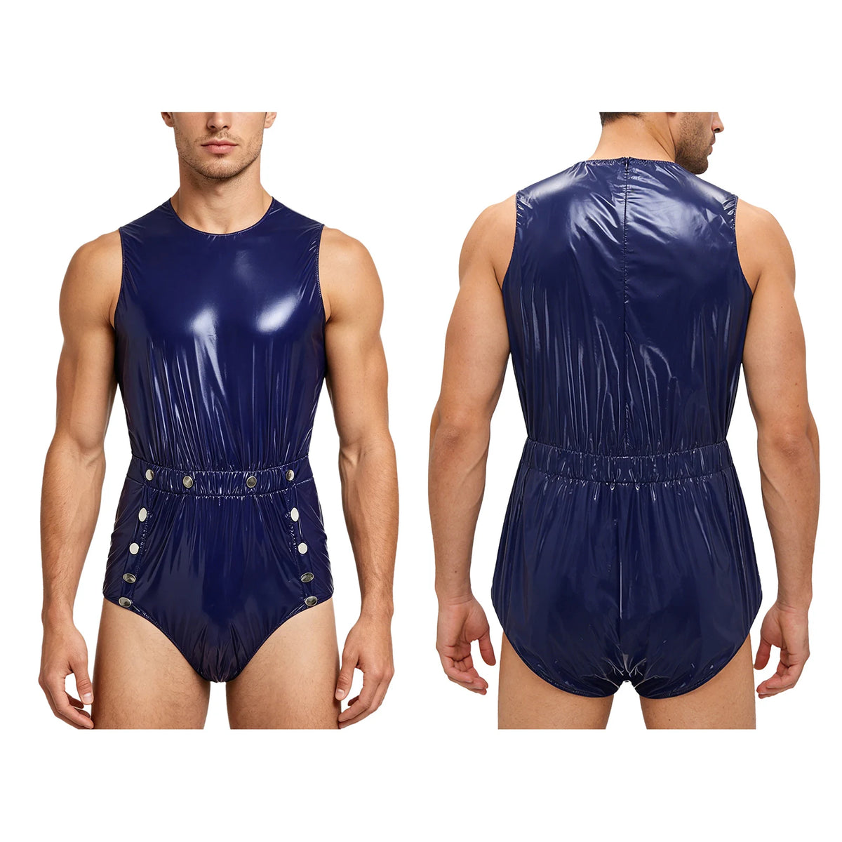 Men's One-Piece Swimsuit with Back Zipper and Crotch Button Details