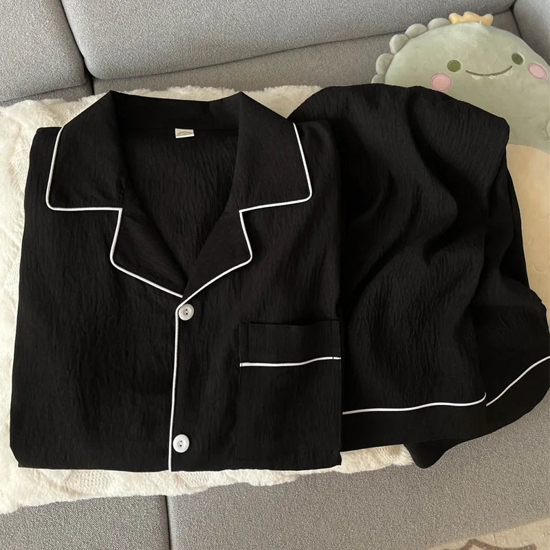 Men's Solid Contrast Trim Button Front Shirt and Pants Pajama Set