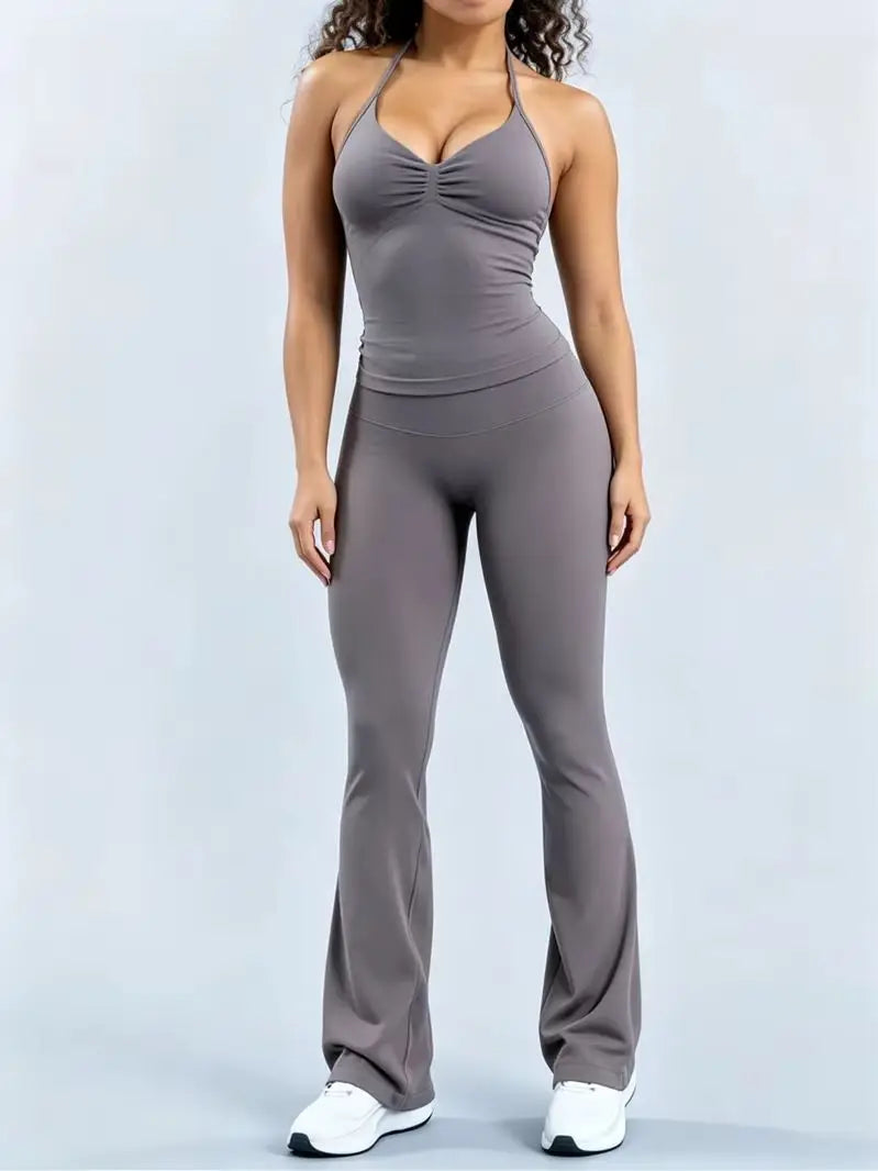 Women's Cross Back Tank And Flared Pants Yoga Set