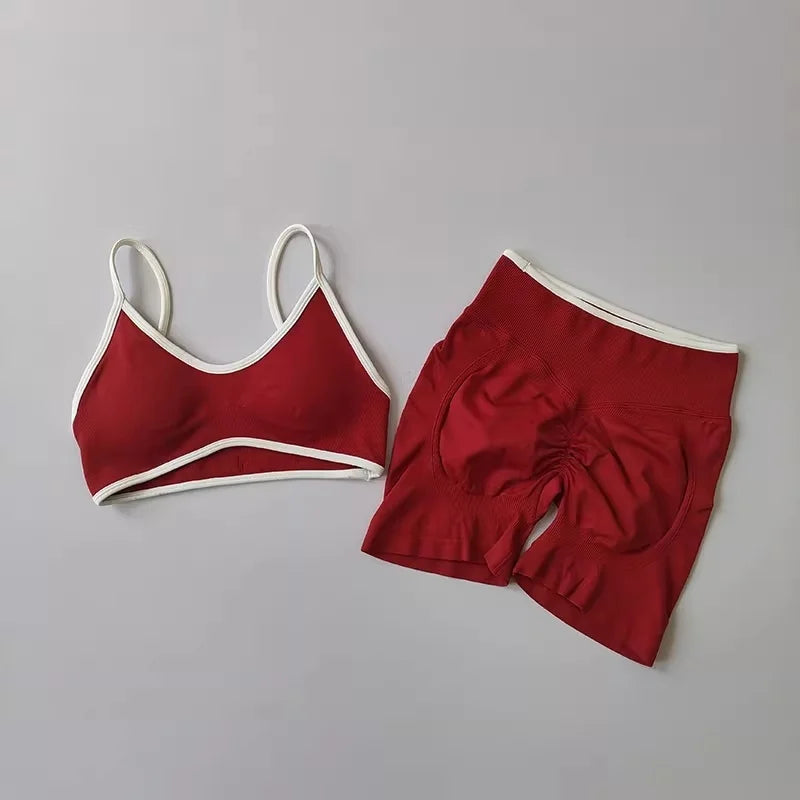 Women's Contrast Trim Bra And Shorts Yoga Set