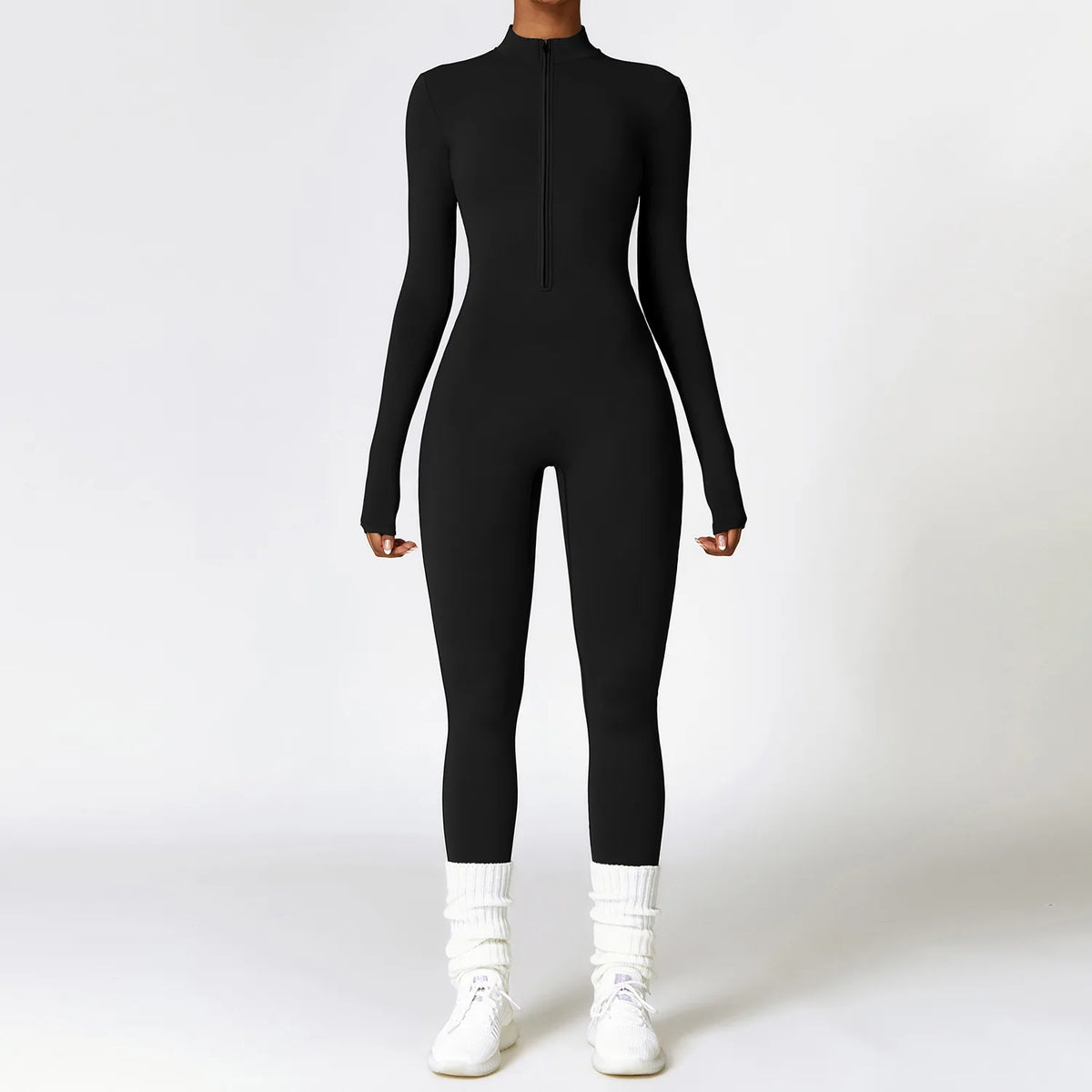 Women's Long Sleeve Nylon Blend Workout Jumpsuit with Front Zipper and Collar