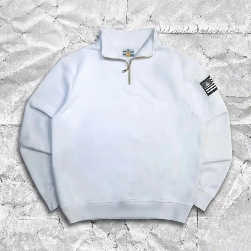 Cotton Flag-Embroidery Stand-Collar Quarter-Zip Sweatshirt