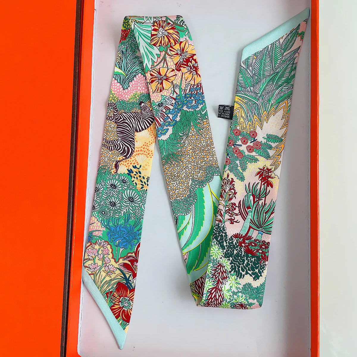 Colorful Printed Skinny Ribbon Scarf with Tie Ends