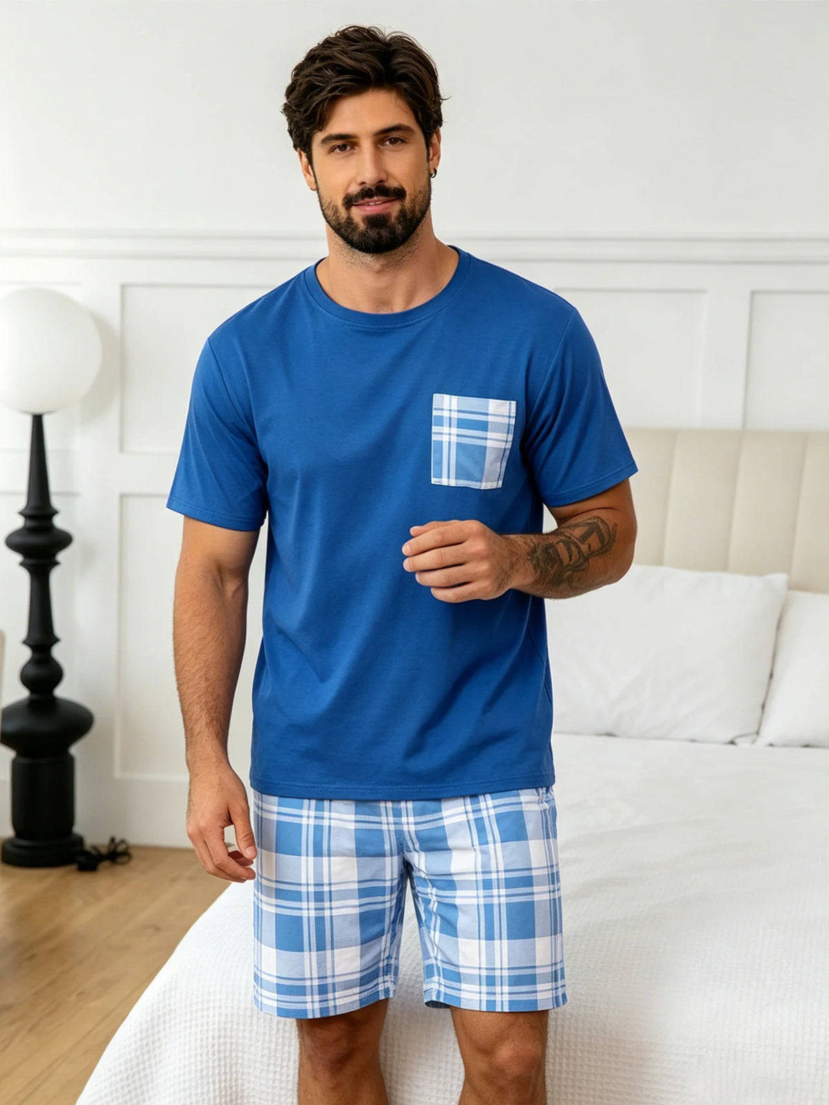 Men's Bear Print T Shirt and Shorts Pajama Set