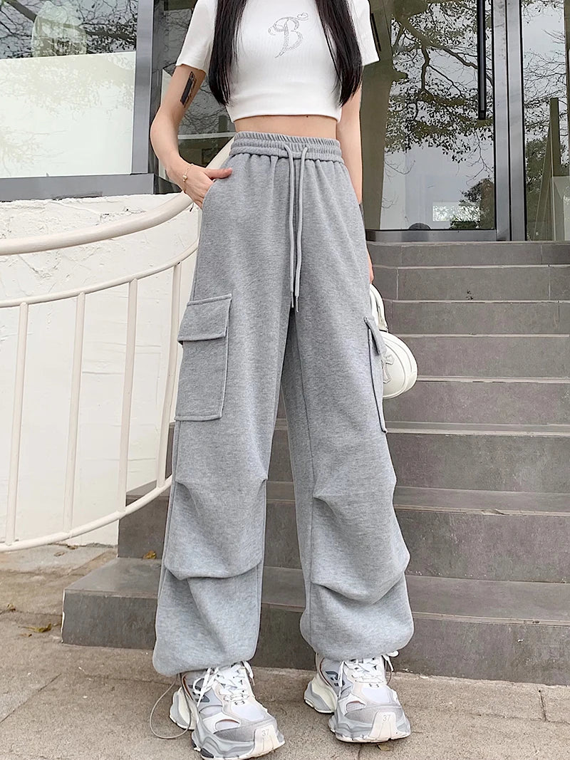 Women's Wide Leg Cargo Pants with Drawstring Waist and Flap Pockets