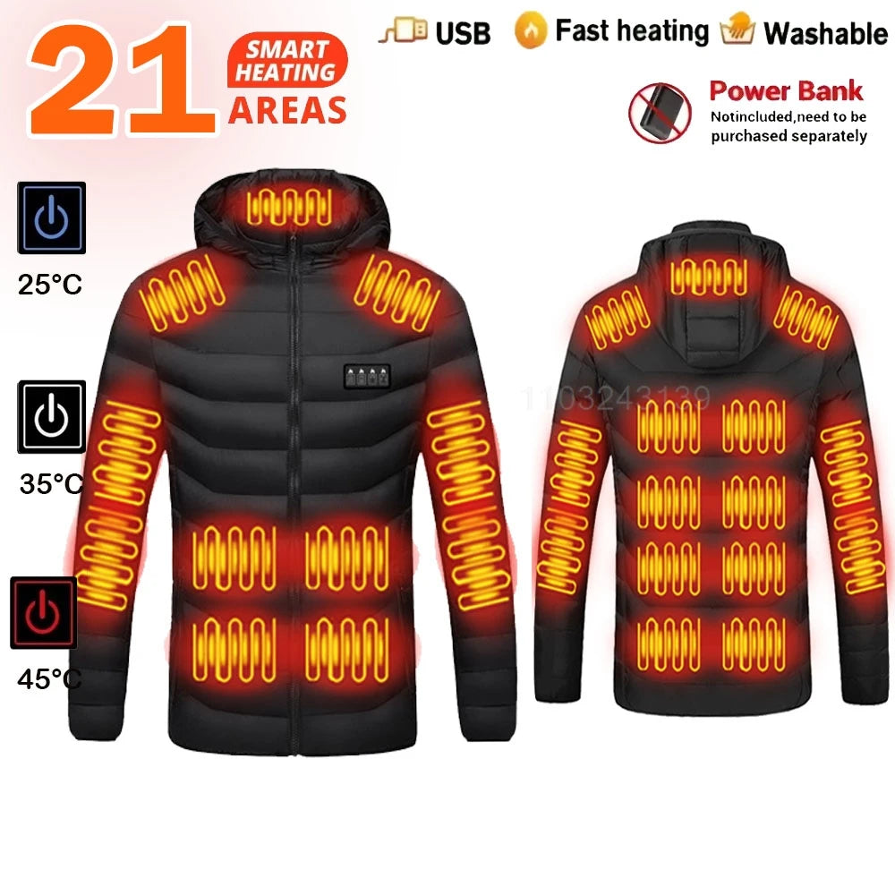 USB Heated Hooded Full Zip Long Sleeve Outdoor Jacket