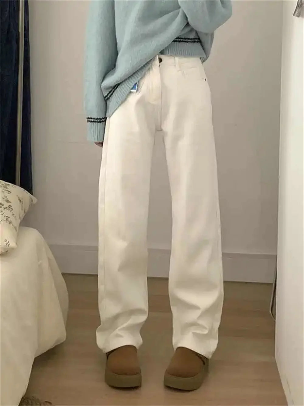 Women's White Fleece Lined Straight Leg Denim Jeans