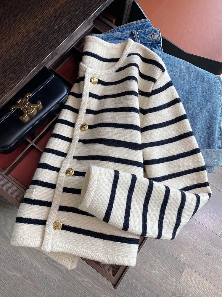Women's Striped Crew Neck Button Front Cardigan Casual Knit Layer