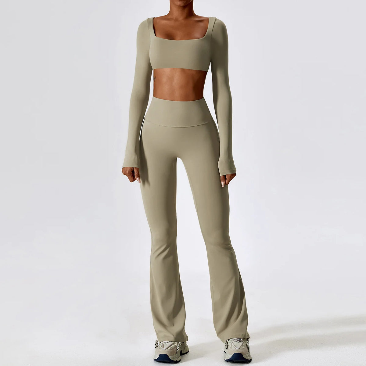 Women's Crop Top Sleeve Layer And Flared Pants Yoga Set
