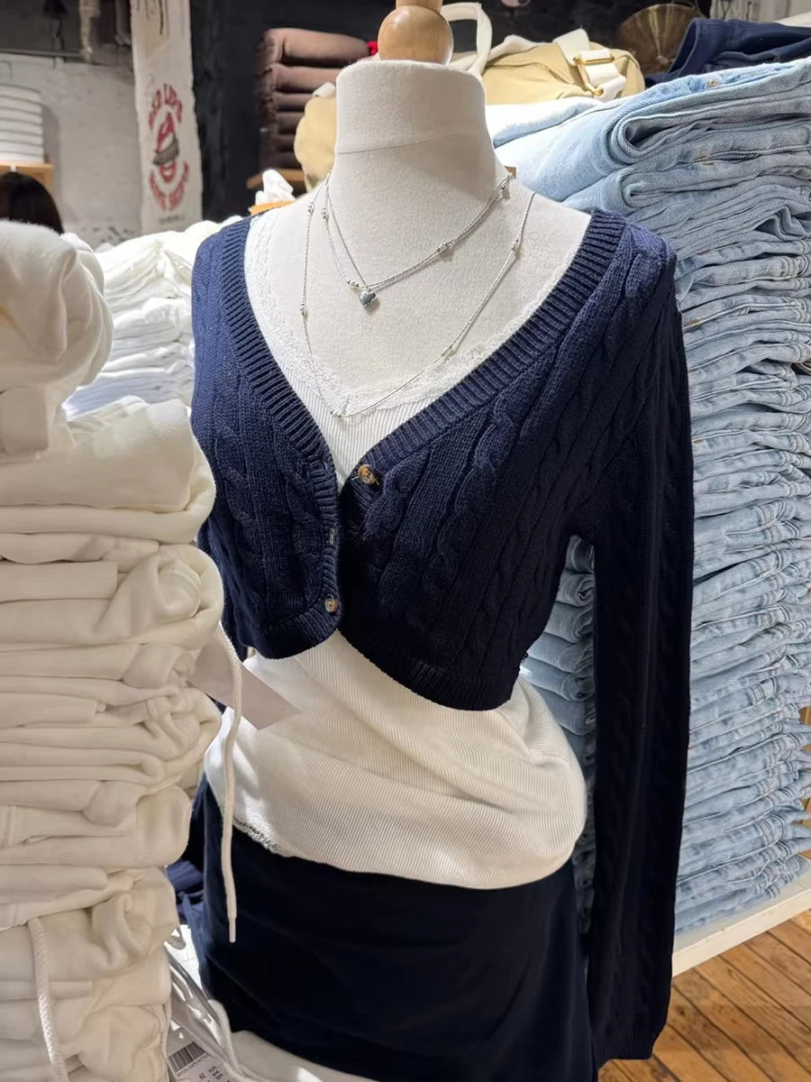 Women's Cropped V Neck Button Front Cardigan Casual Knit Layer