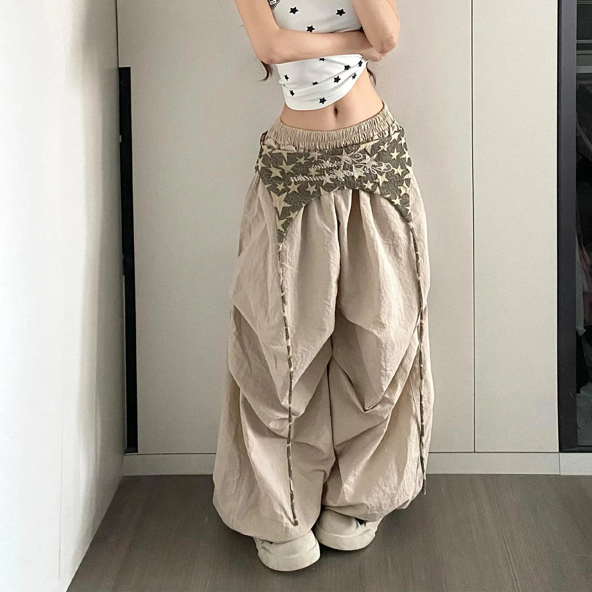 Women's Wide Leg Pants with Layered Waist and Embroidered Details