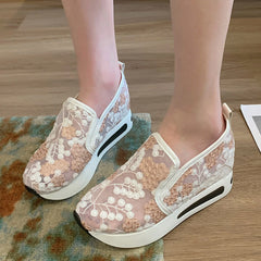 Fashion Loafers Ladies Breathable Lace Mesh Flower Summer Comfy Flats Shoes Women Round Head Thick Bottom Casual Shoes zapatos