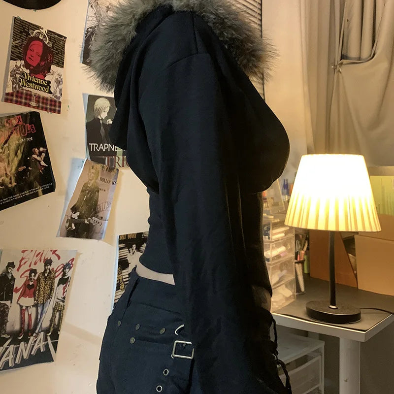 Fluffy Trim Long Sleeve Full Zip Casual Hoodie