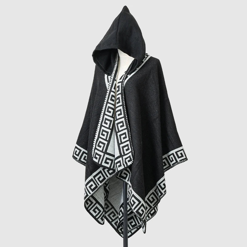 Hooded Geometric Border Poncho for Layering over Outfits