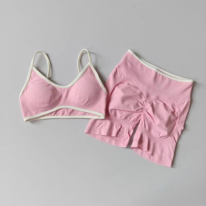 Women's Contrast Trim Bra And Shorts Yoga Set
