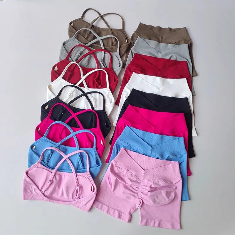 Women's Cross Strap Bra And Shorts Yoga Set