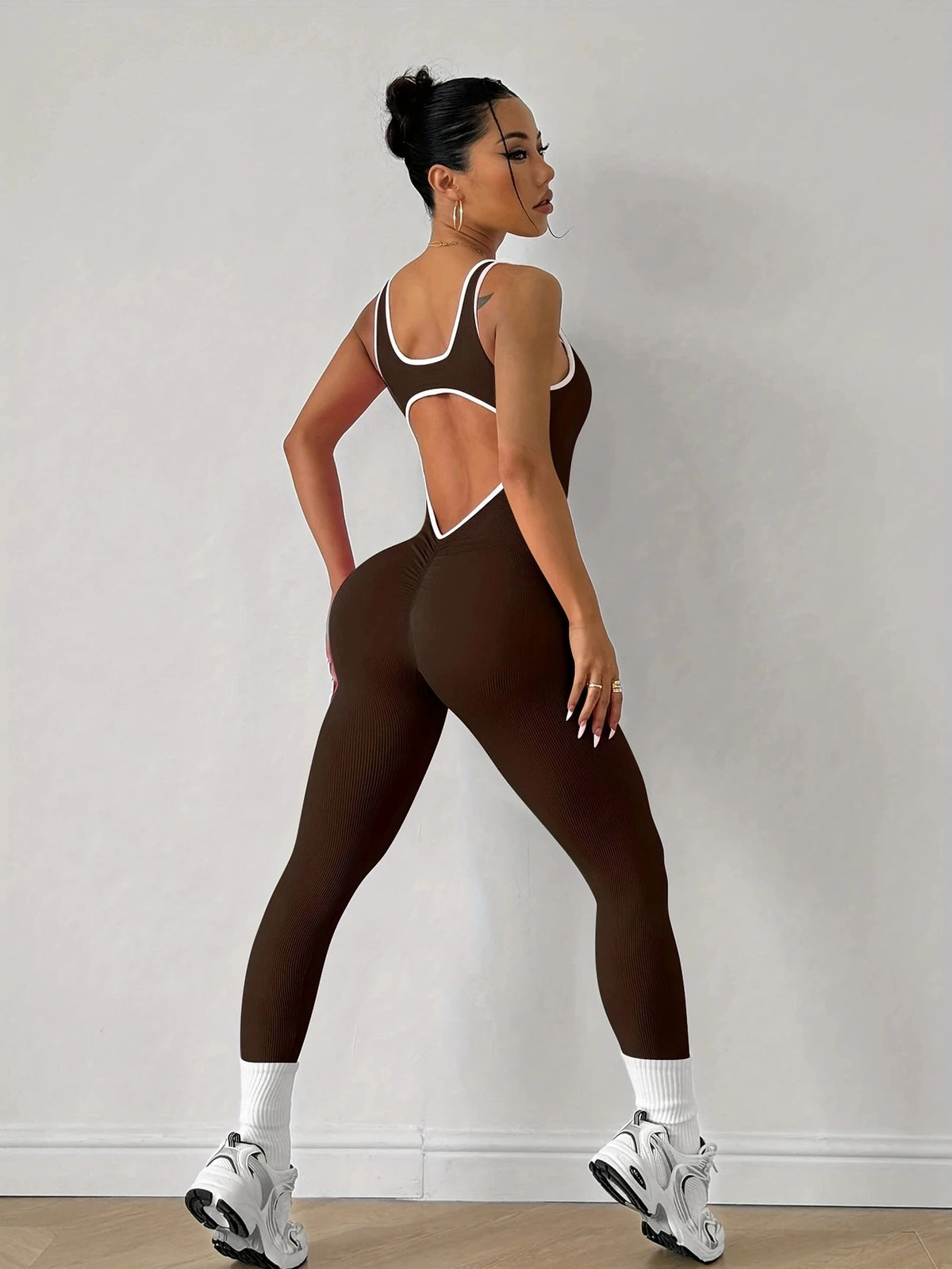 Women's Racerback Nylon Blend Workout Jumpsuit with White Trim and Back Cutout