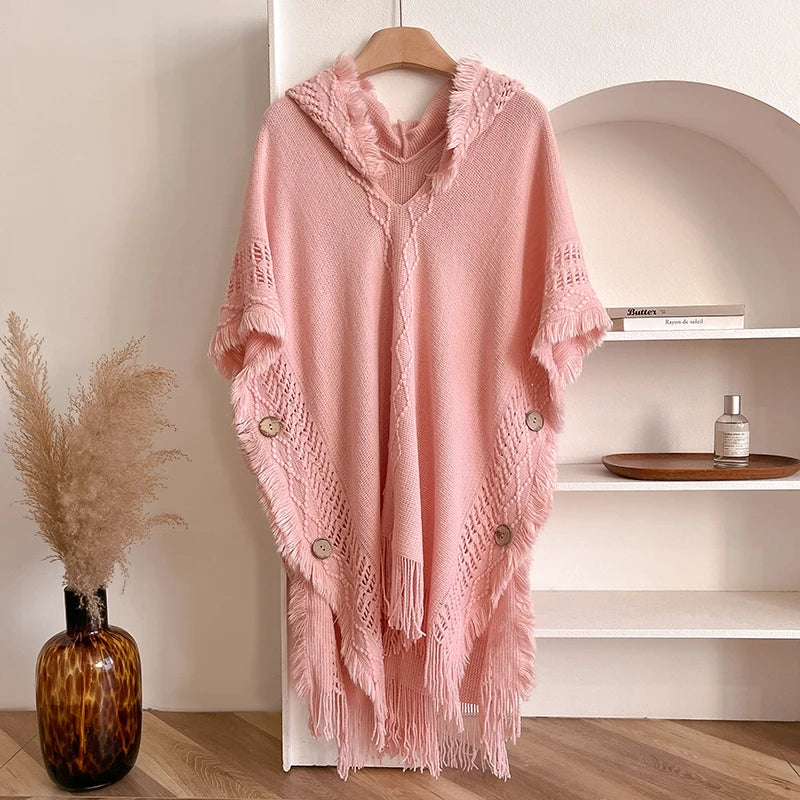 Hooded Crochet Fringe Poncho for Layering over Outfits