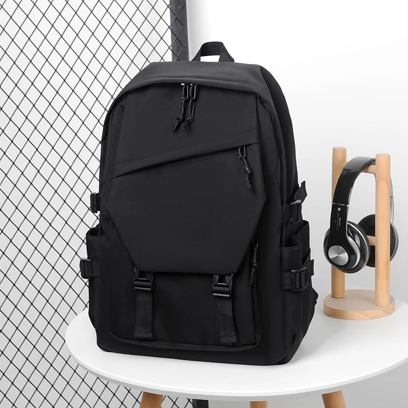 Plain Laptop Backpack with Front Pockets and Side Buckle Strap Details