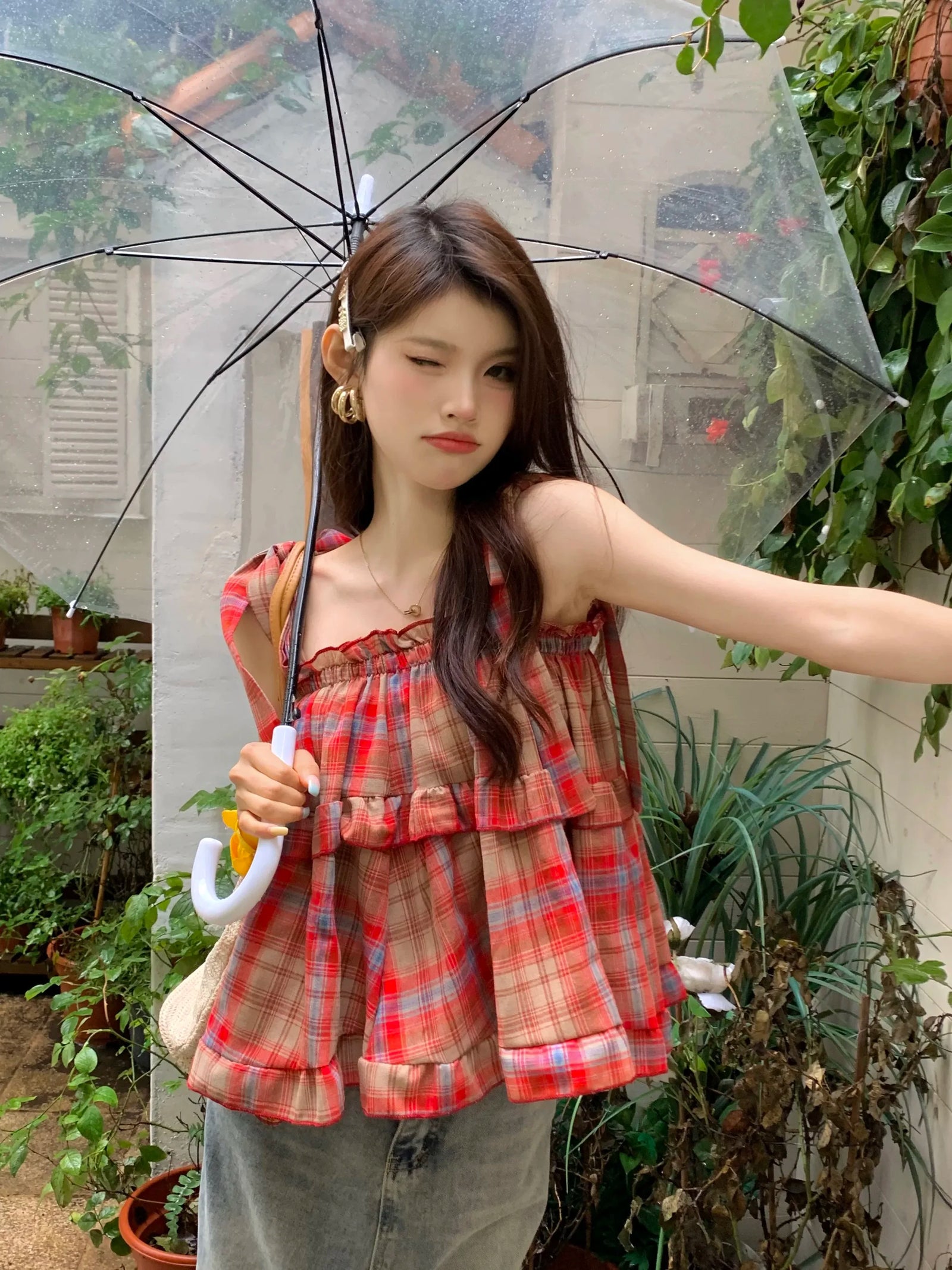 Women's Plaid Cotton Blend Babydoll Camisole with Tie Straps and Tiered Ruffles