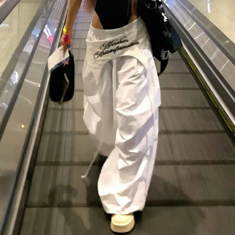 Women's White Wide Leg Cargo Pants with Embroidered Waist Detail