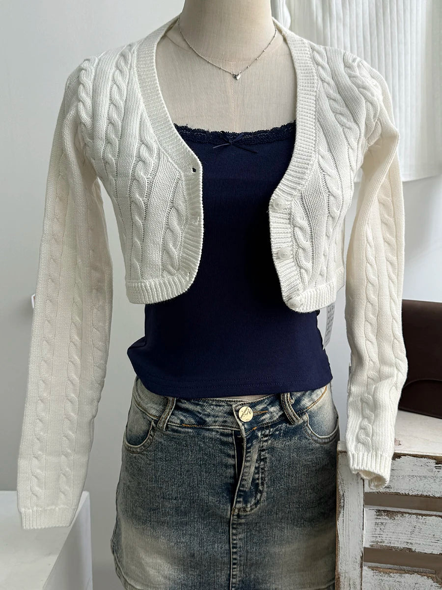 Women's Cropped V Neck Button Front Cardigan Casual Knit Layer