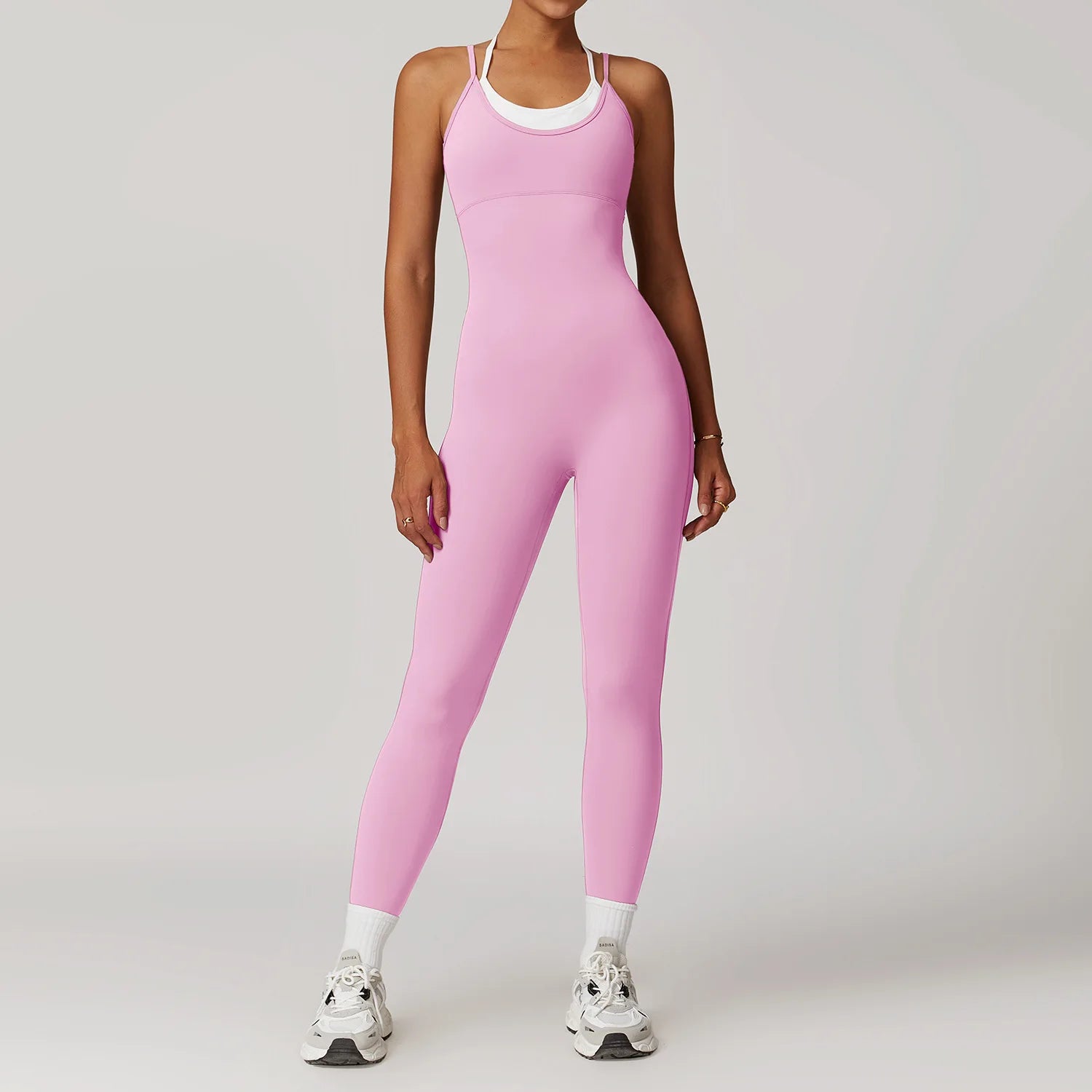 Women's Cross Back Nylon Blend Workout Jumpsuit with White Trim and Long Legs