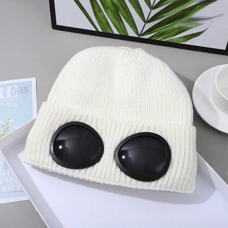 Ribbed Knit Beanie with Decorative Goggle Style Detail