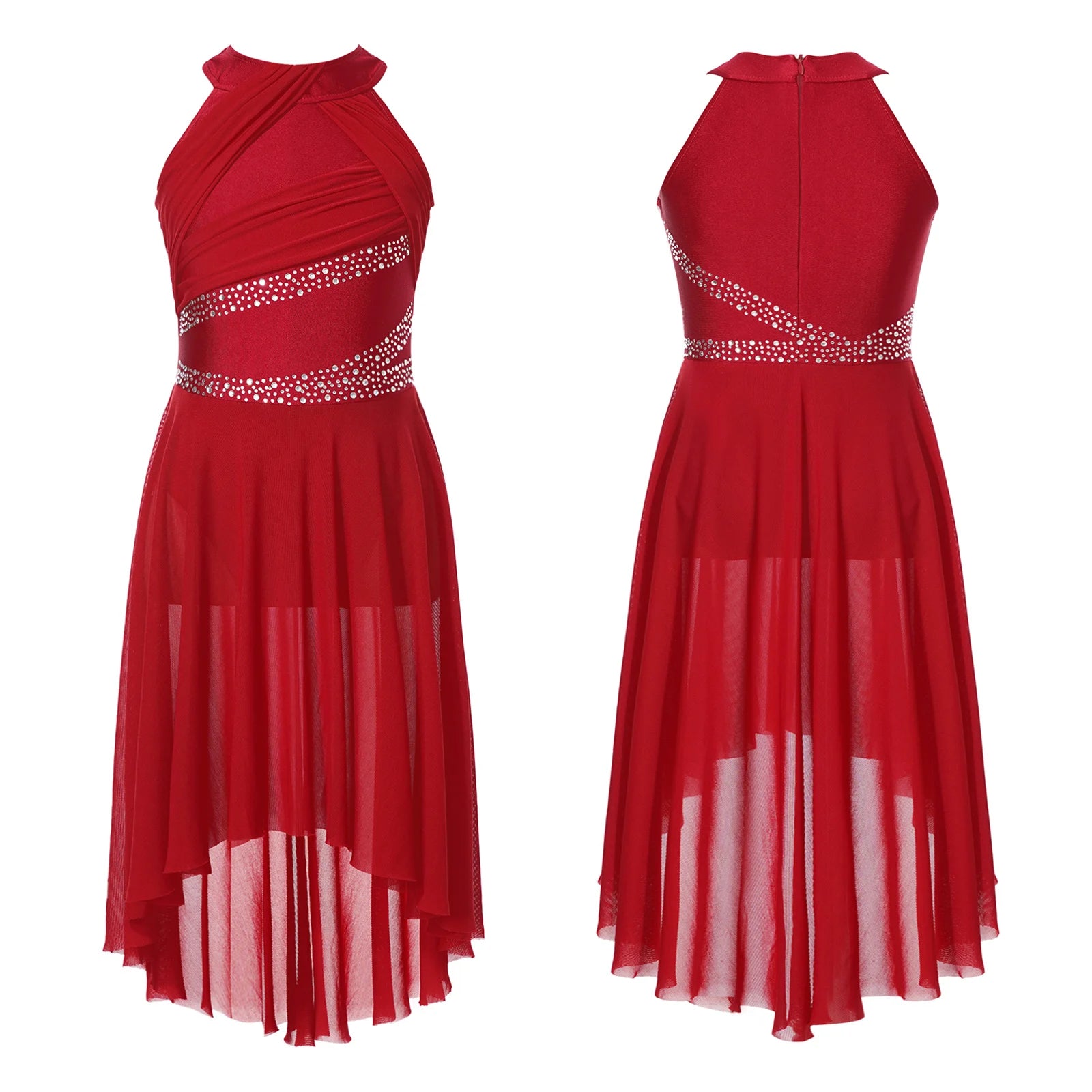 Girls' Sleeveless Rhinestone Ballet Dress with Asymmetric Mesh Skirt Overlay
