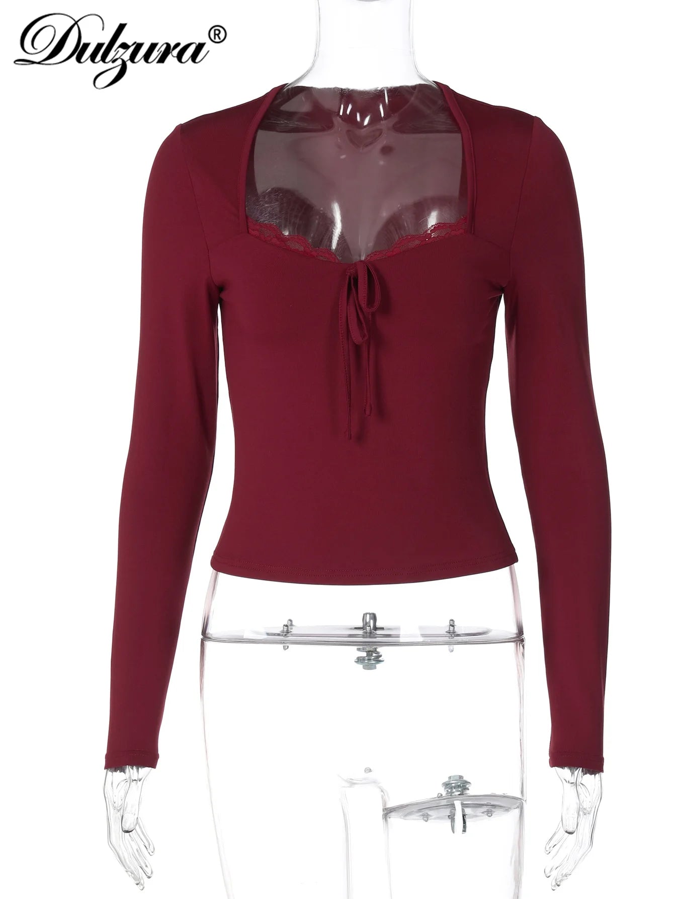 Women's Square-Neck Long-Sleeve Lace-Trim Tie-Front Fitted Top
