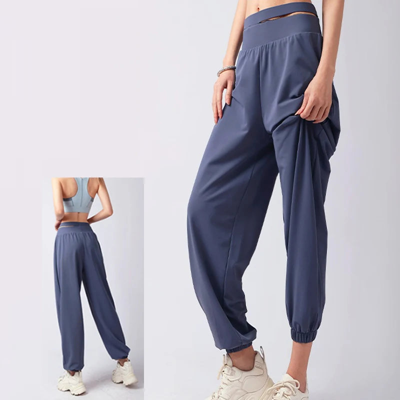 Women's Double Waist Polyester Blend Workout Pants with Cutouts and Cuffed Ankles