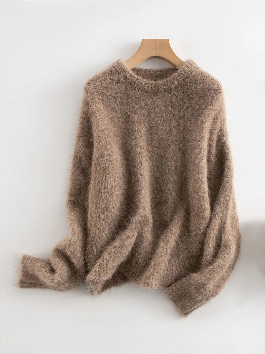 Women's Fluffy Crew Neck Long Sleeve Sweater Casual Knit Layer