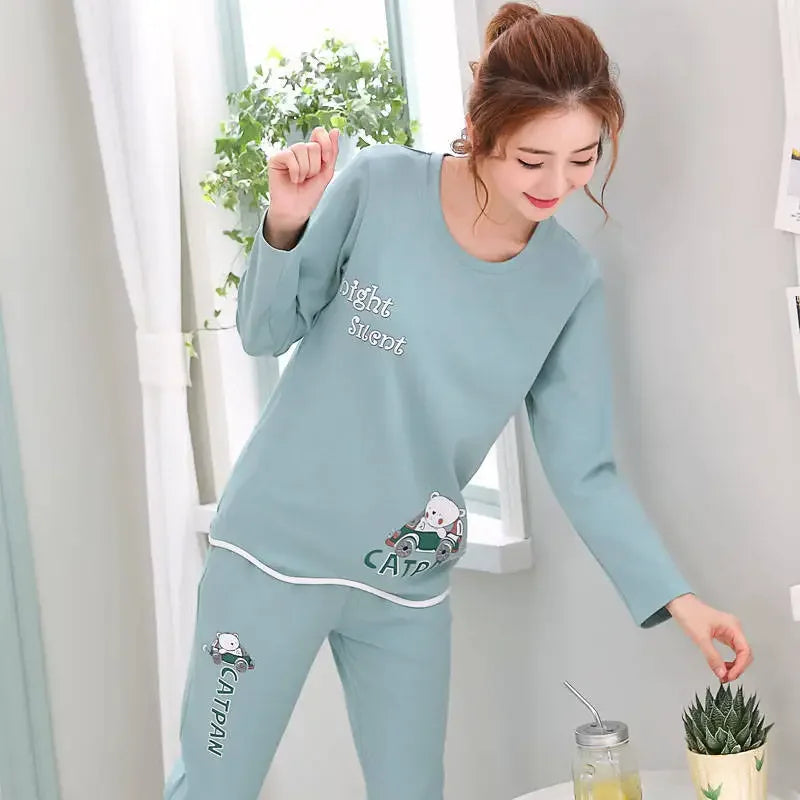 Women's Cartoon Print Long Sleeve Pajama Set with Top and Pants