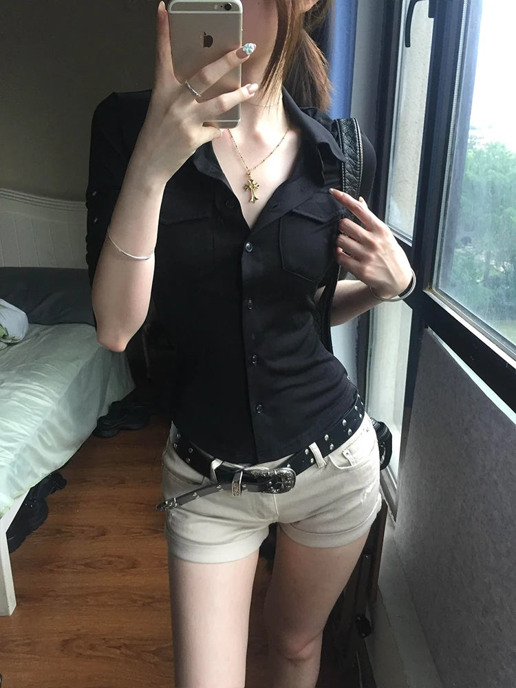 Women's Fitted Collared Three Quarter Sleeve Button Front Shirt