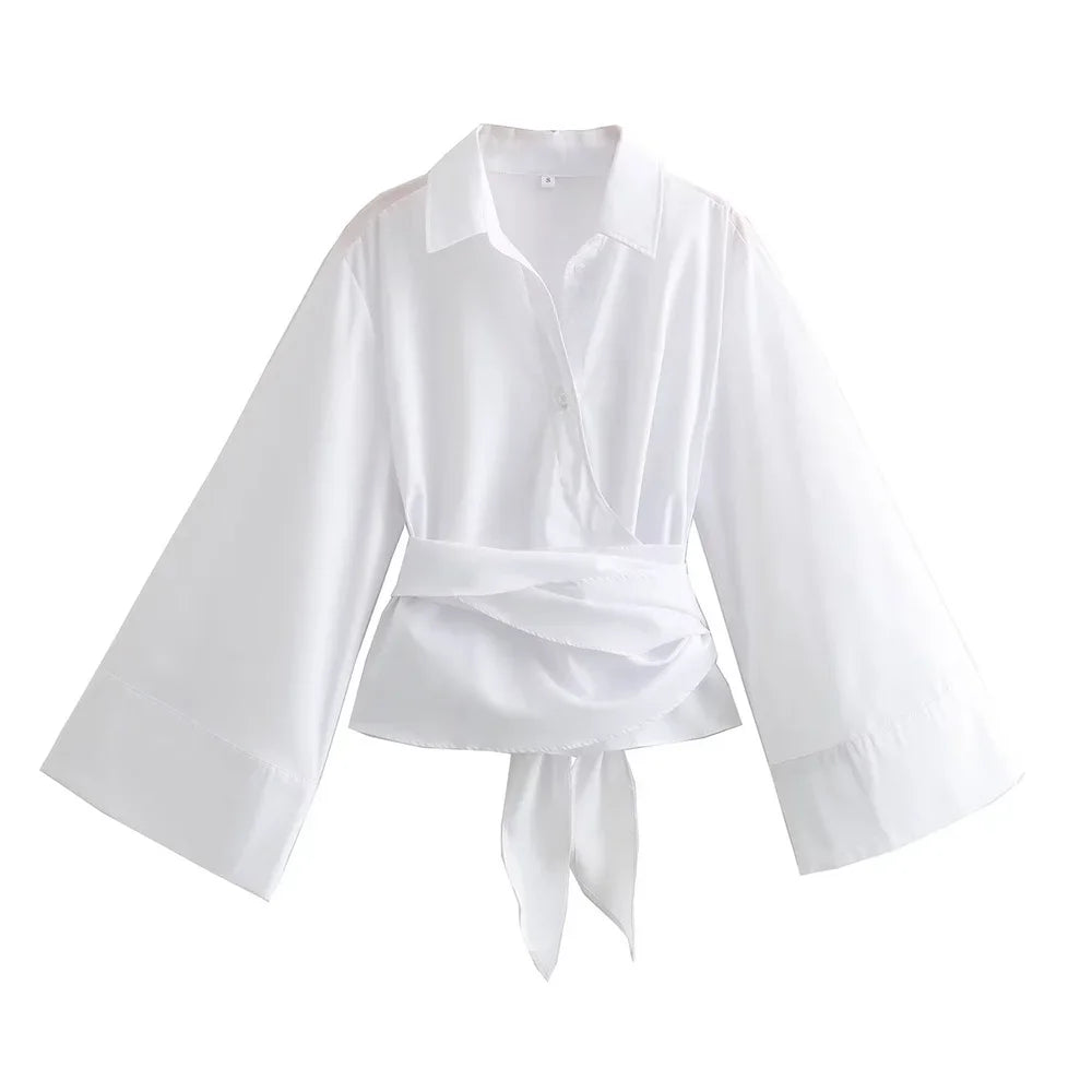 Women's Cropped Wrap Shirt with Waist Tie